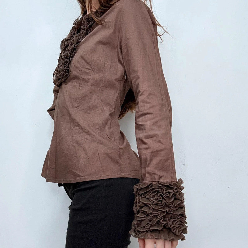 brown ruffle flared shirt