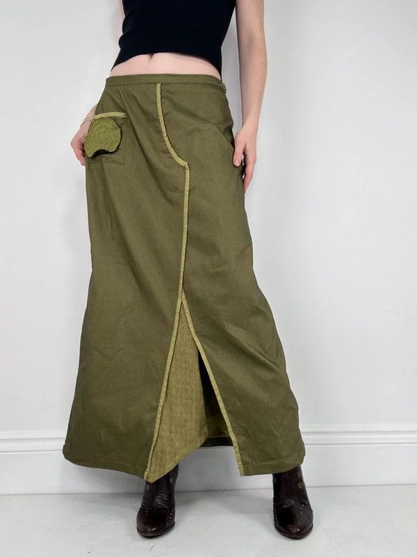 asymmetric khaki maxi skirt