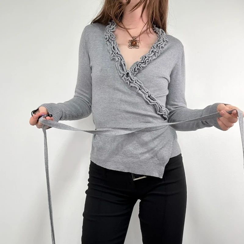 grey knit ruffle wrap cardigan