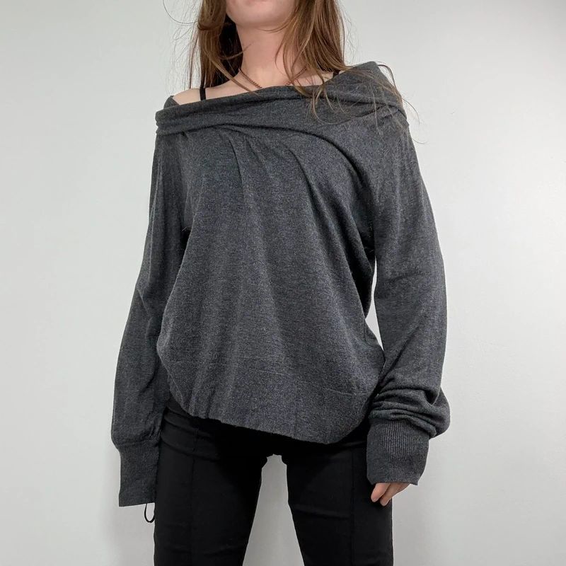 grey slouchy knit off-the-shoulder jumper, wool and silk blend