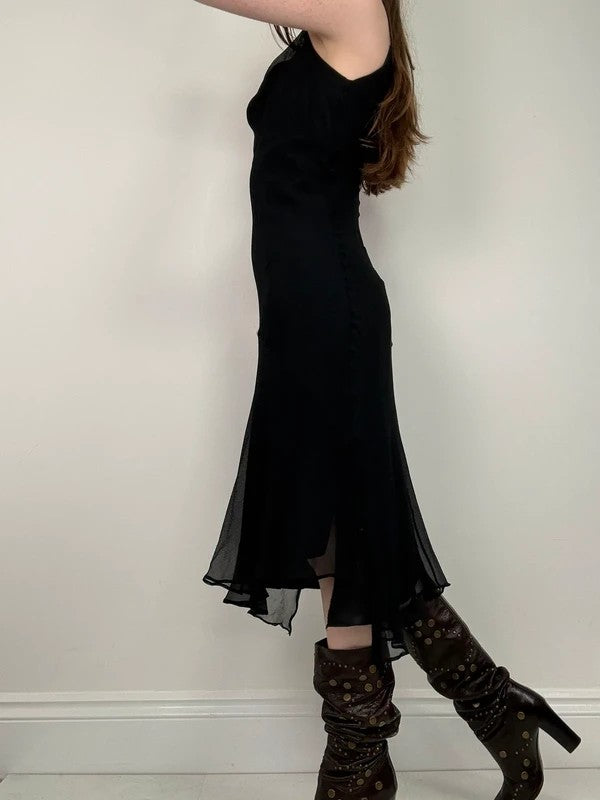 black silk bias cut layered flutter dress