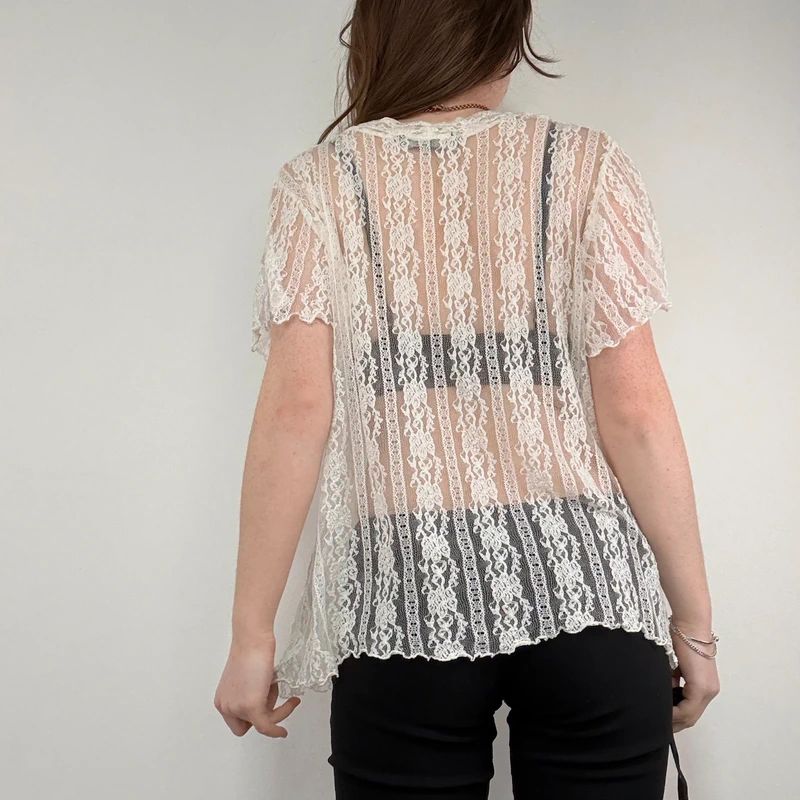 sheer cream lace floral mesh bow top