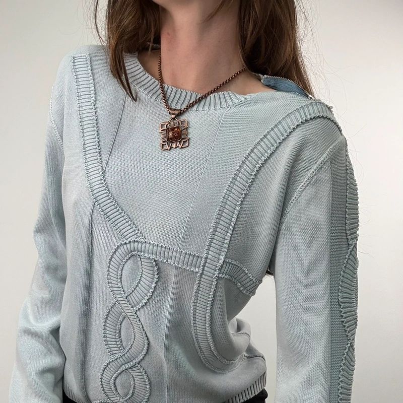 pale blue epaulette pleated embroidered jumper
