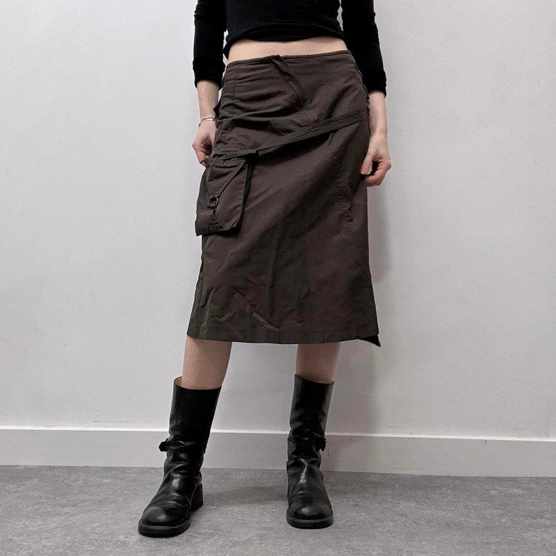 brown pinstripe flared cargo midi skirt