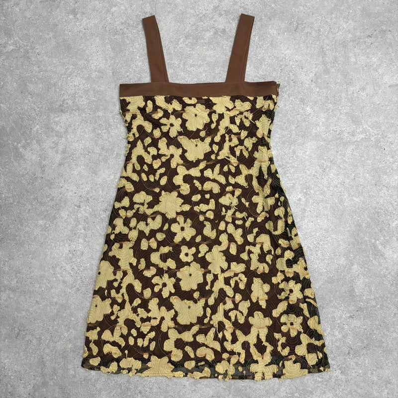 brown flower distressed frayed midi dress