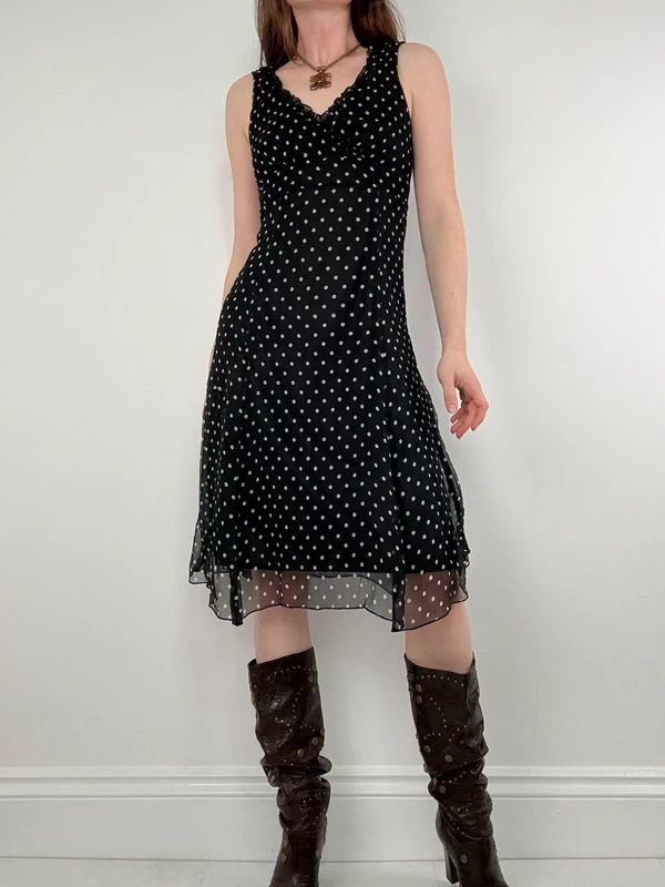 silk black and white polkadot slip dress