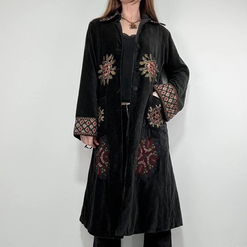 embroidered black velvet longline jacket