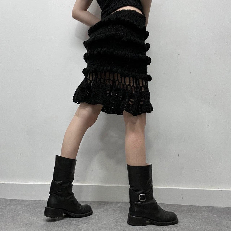 black crochet sheer knitted midi skirt