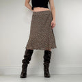 polkadot brown silk flared bias cut midi skirt