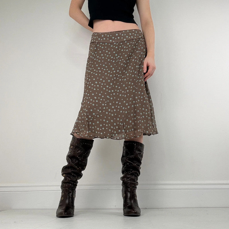 polkadot brown silk flared bias cut midi skirt