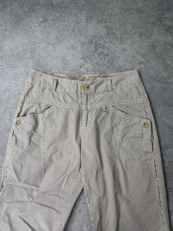beige pinstripe cargo slim fit cotton trousers