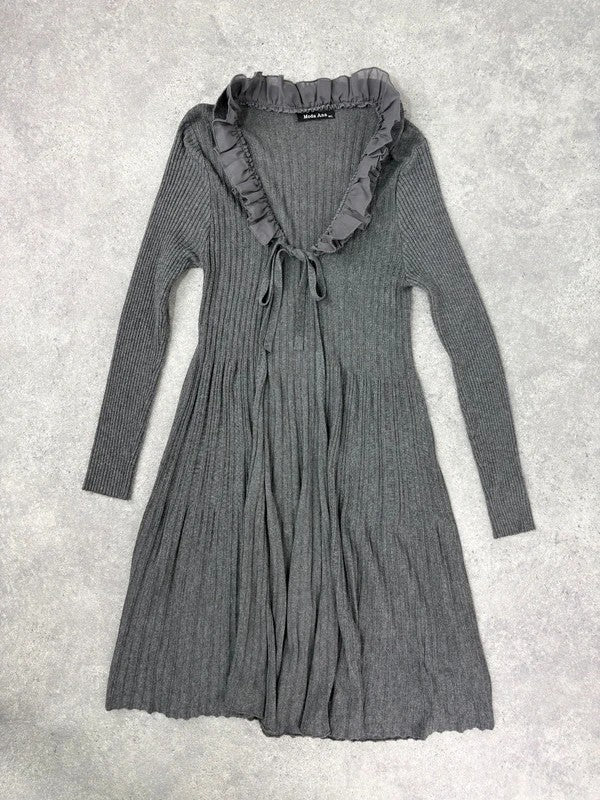 ribbed knit flutter grey long ruffle cardigan