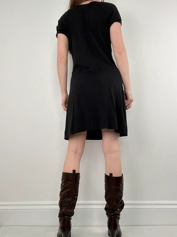 slouchy black bow neck mini dress