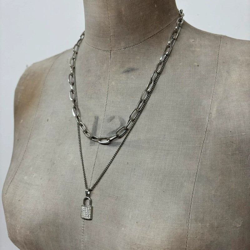 Layered silver padlock necklace