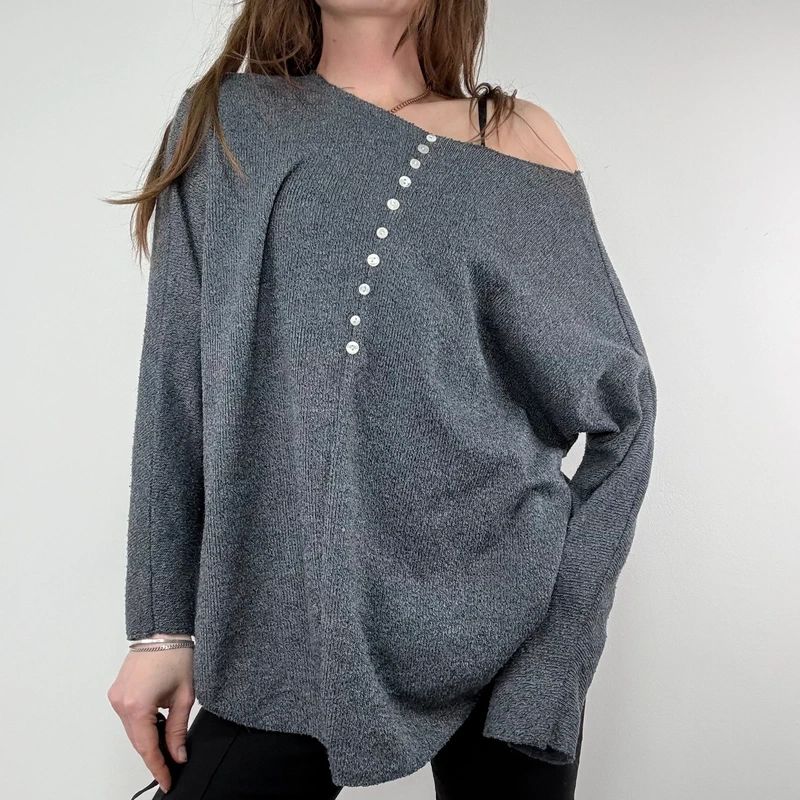 grey henley button detailed slouchy off the shoulder t-shirt
