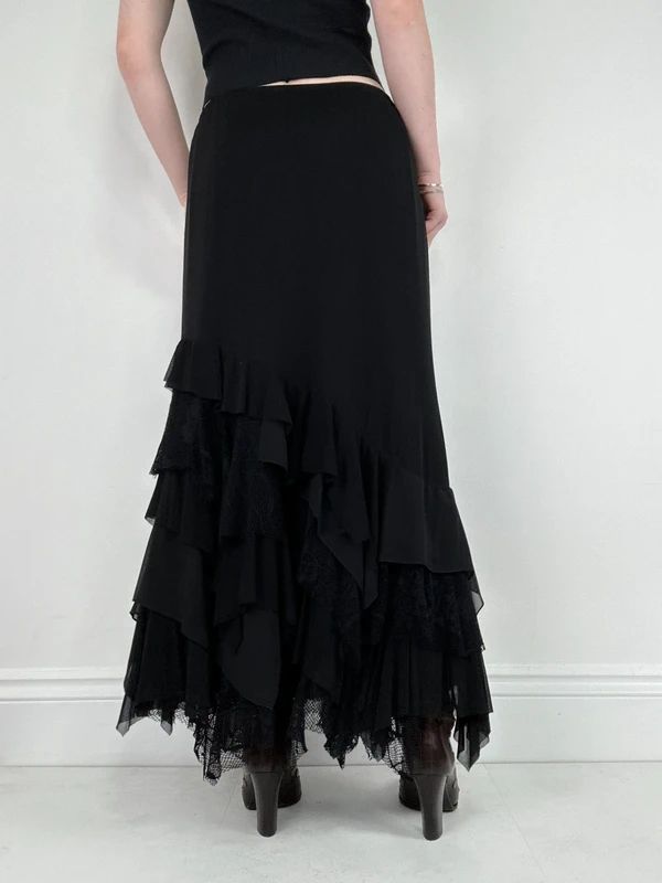 black ruffle grunge layered whimsygoth maxi skirt
