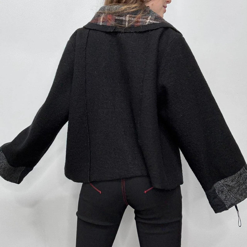 black oversized wool tartan jacket