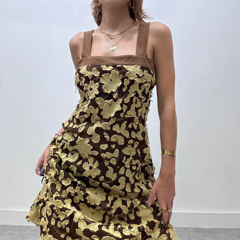 brown flower distressed frayed midi dress