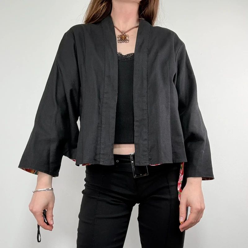black linen boxy cropped kimono jacket