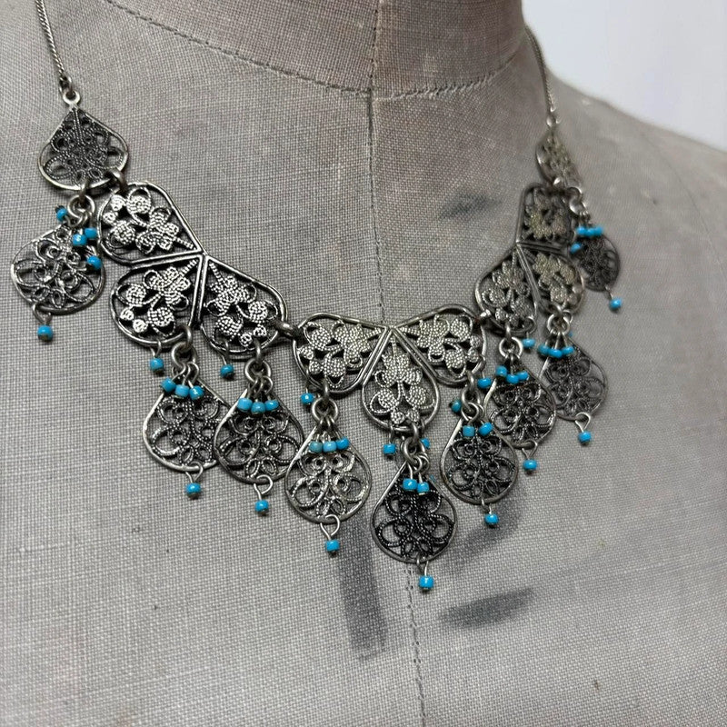 silver boho wire flower necklace