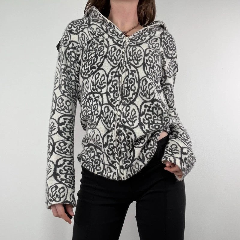 black and white slouchy patterned knit jumper, angora zip through funnel neck