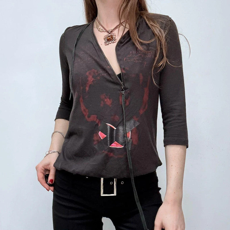 asymmetric zip print grunge t-shirt