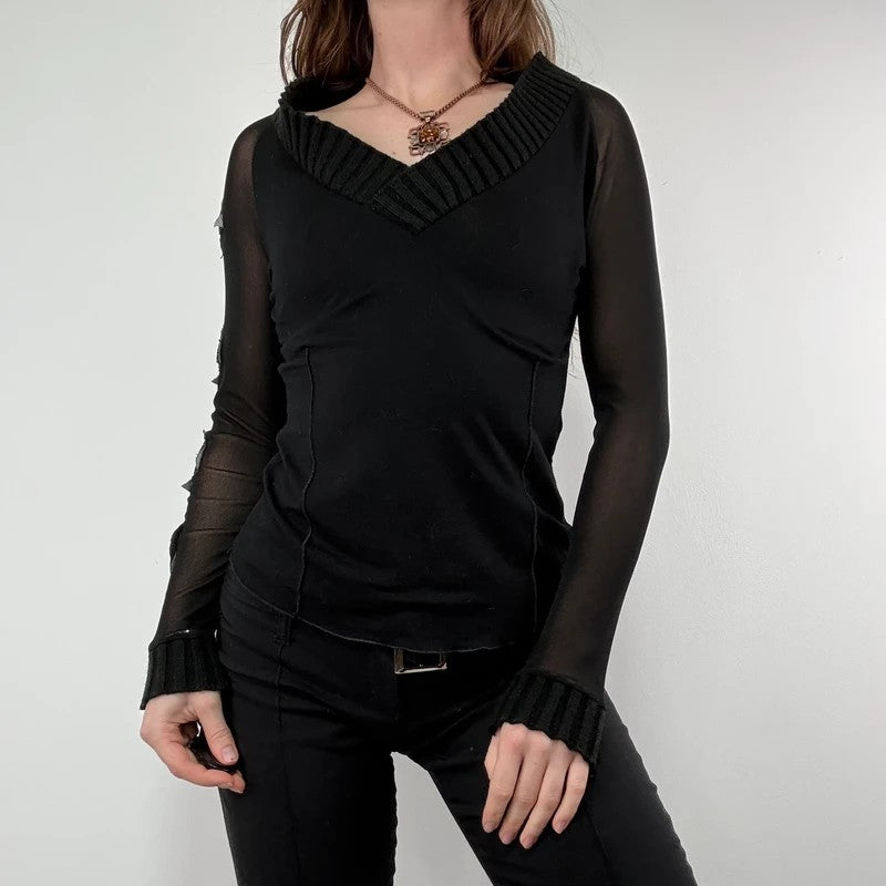 black layered mesh long sleeve slouchy rib top 2026