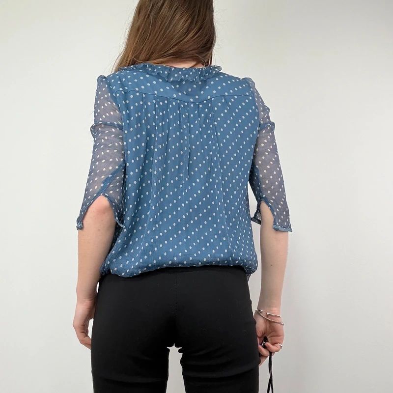 Blue Polka Dot Sheer Silk flutter Blouse