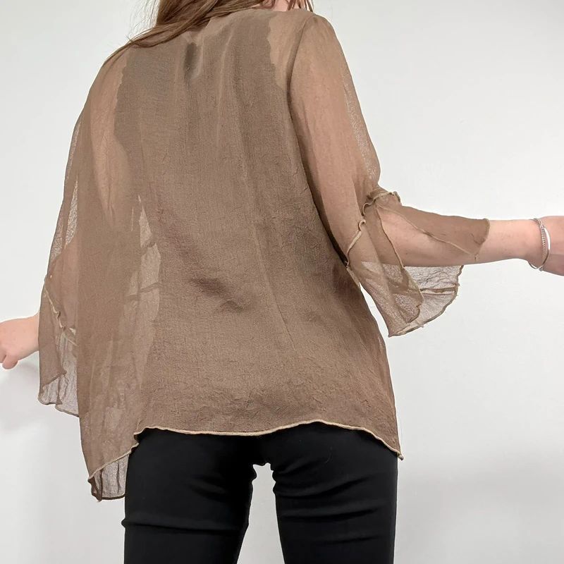 brown ruffle mesh slouchy flare shirt