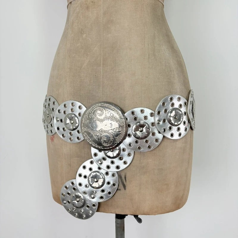 Silver leather studded circle belt