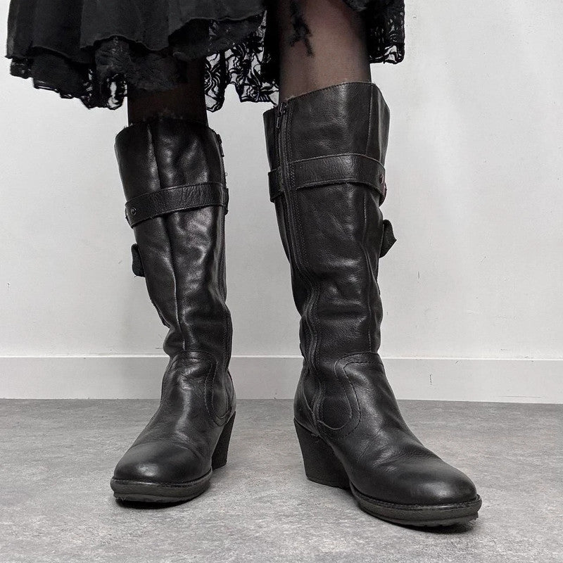 black leather buckle knee high boots