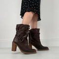 Chunky brown leather wrap around boots