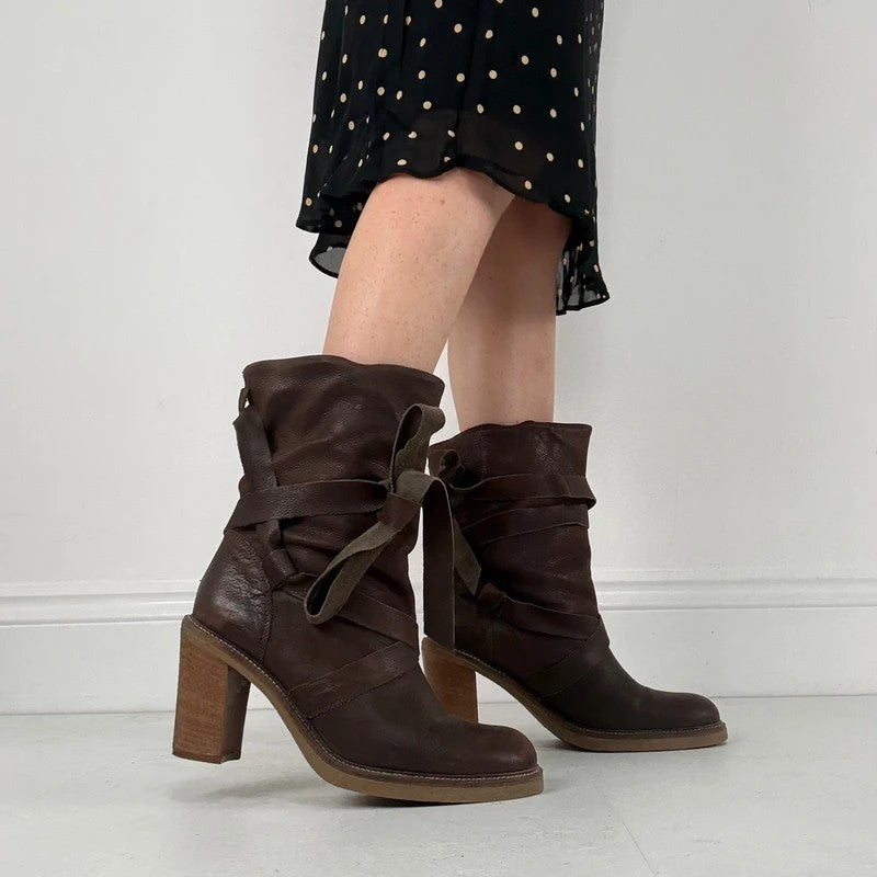 Chunky brown leather wrap around boots