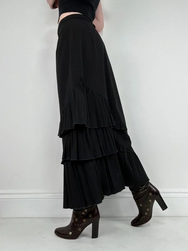 black asymmetric pleated ruffle maxi skirt