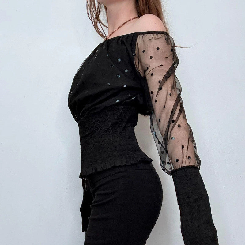black off the shoulder sheer polkadot top
