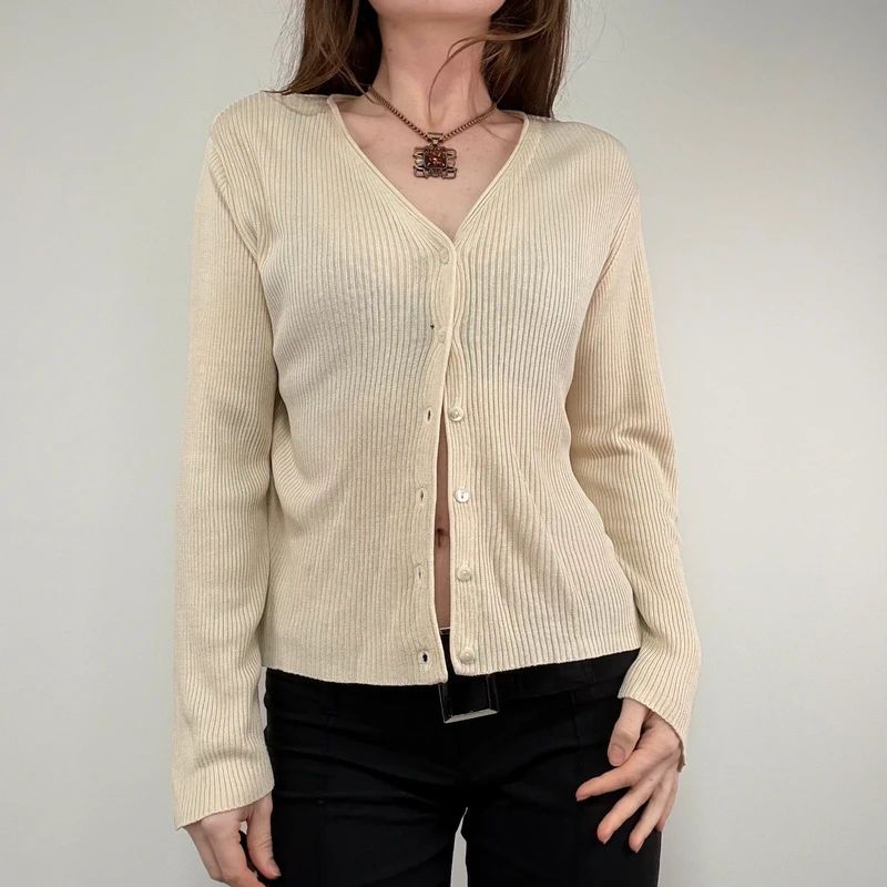 cream ribbed knit 100% silk slouchy cardigan