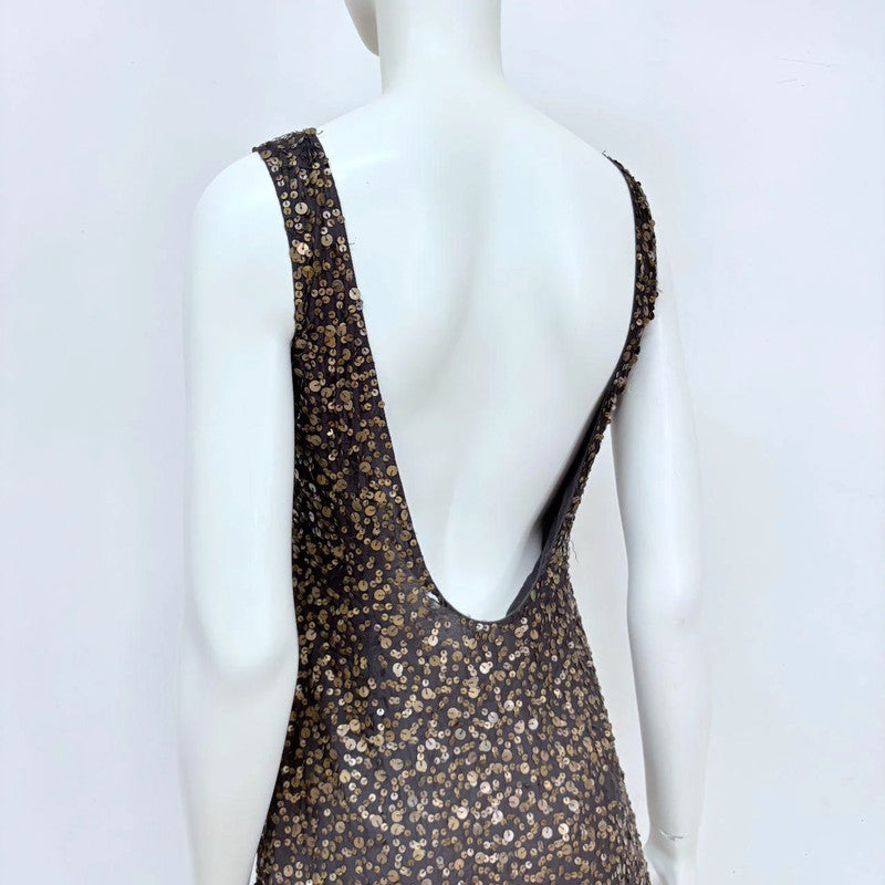 black studded brass sequin draped dress