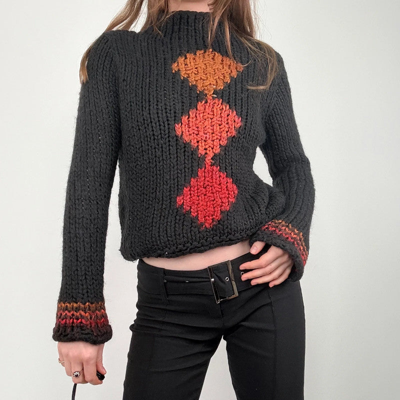 black cropped chunky knit argyle jumper