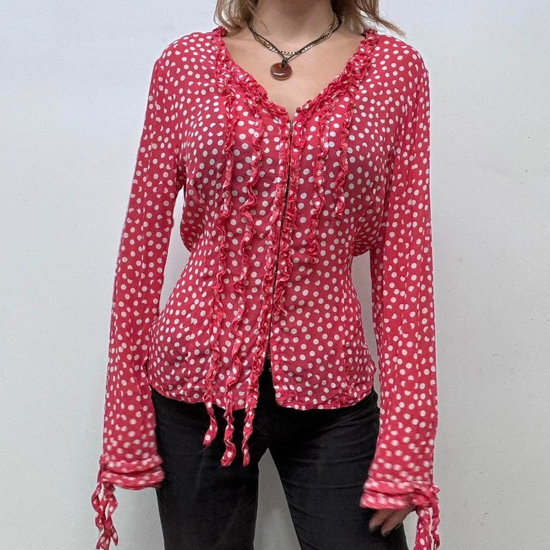 polka dot ruffle blouse