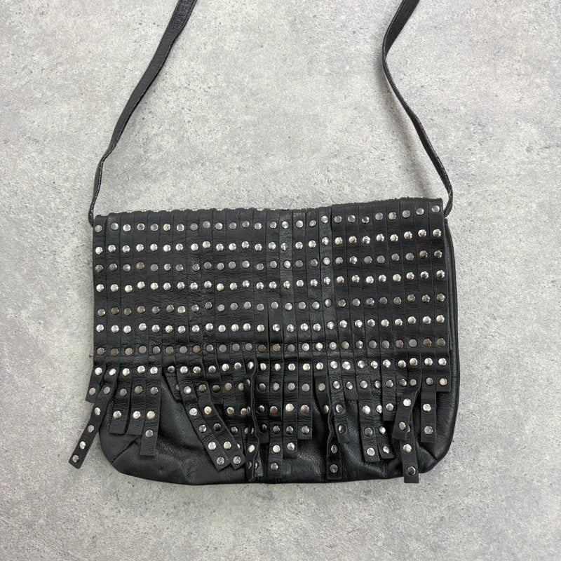 Black leather studded tassel crossbody bag