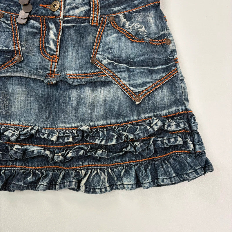 distressed ruffle denim y2k mini skirt