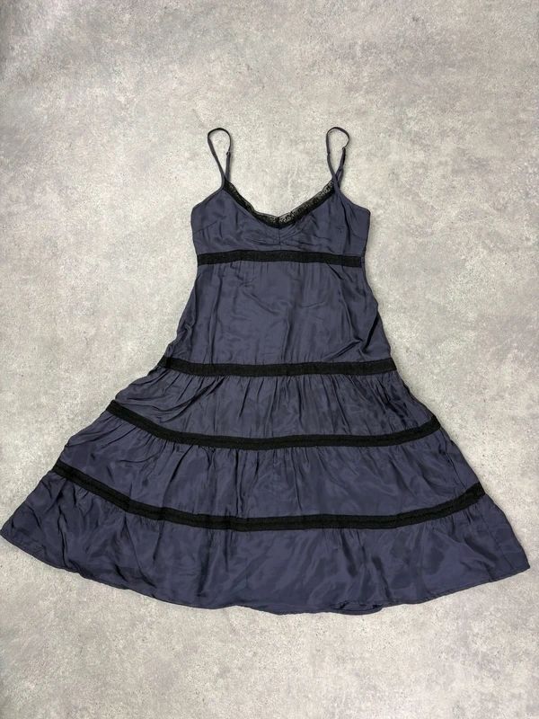 navy and lack lace flared tiered midi dress