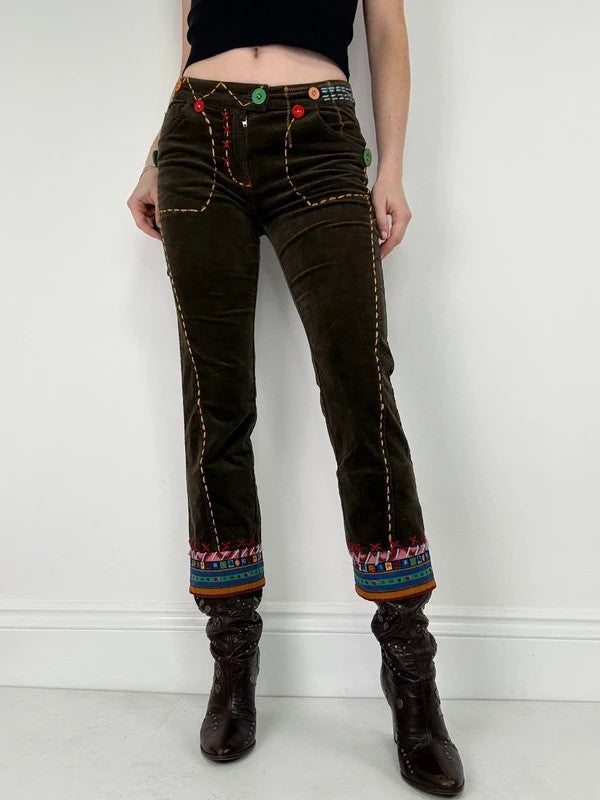 khaki corduroy embroidered hippy capri trousers