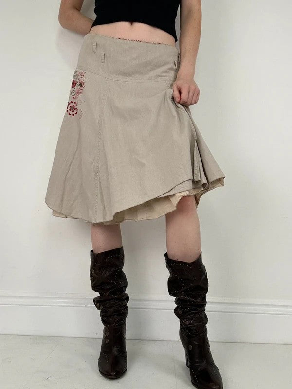 beige linen flared layered midi skirt