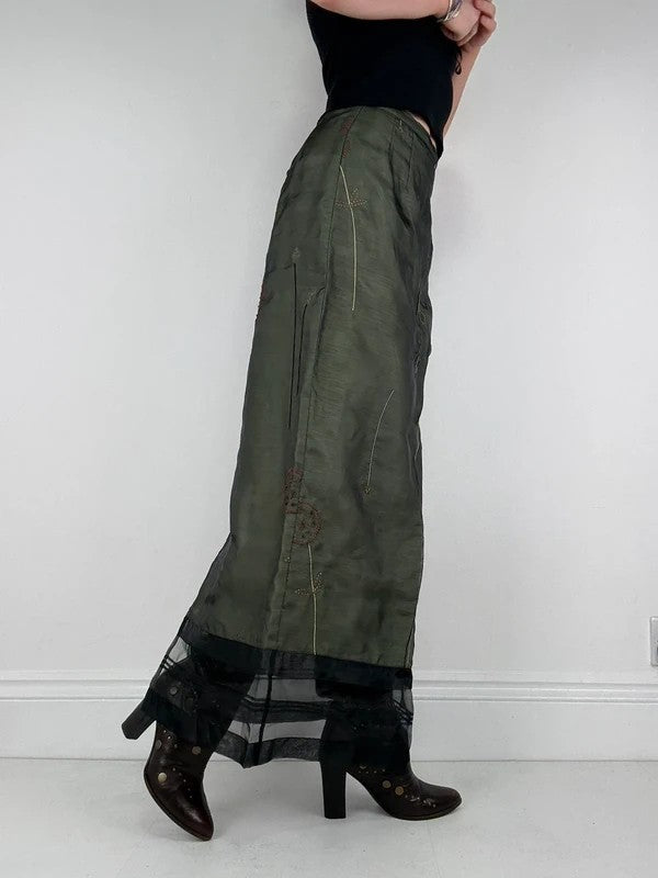 Green embroidered layered a-line maxi skirt
