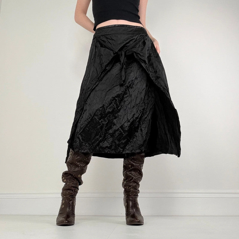 black crinkle satin tie up layered skirt