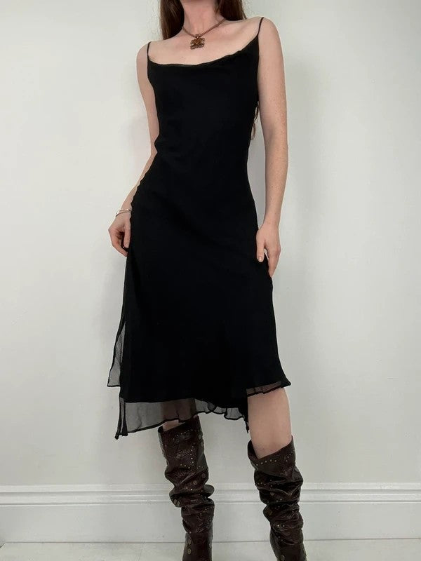 black silk bias cut layered flutter dress