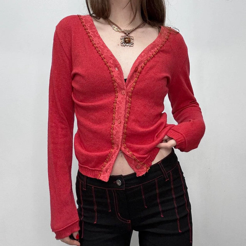 red lace knit cardigan