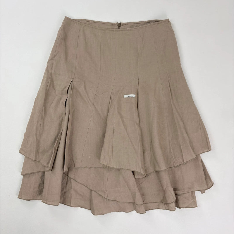 tan linen pleated asymmetric midi skirt