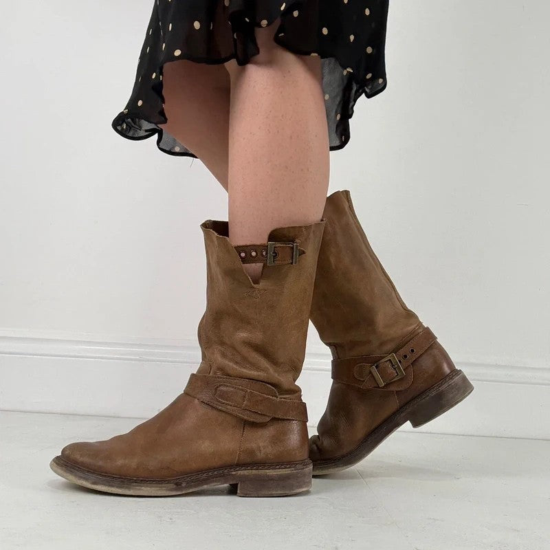 Tan leather buckle biker boots